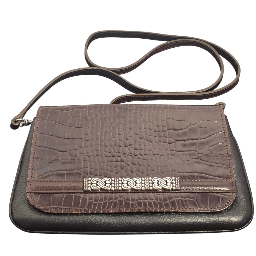 Brighton Crossbody Bag‎ Black Pebbled Brown Croc Embossed Leather Silver